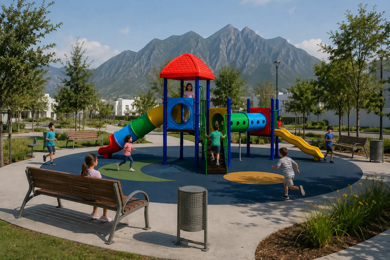 Parque infantil pequeño Blaze con resbaladillas y túneles de colores, niños jugando con vista a la Sierra Madre en Monterrey