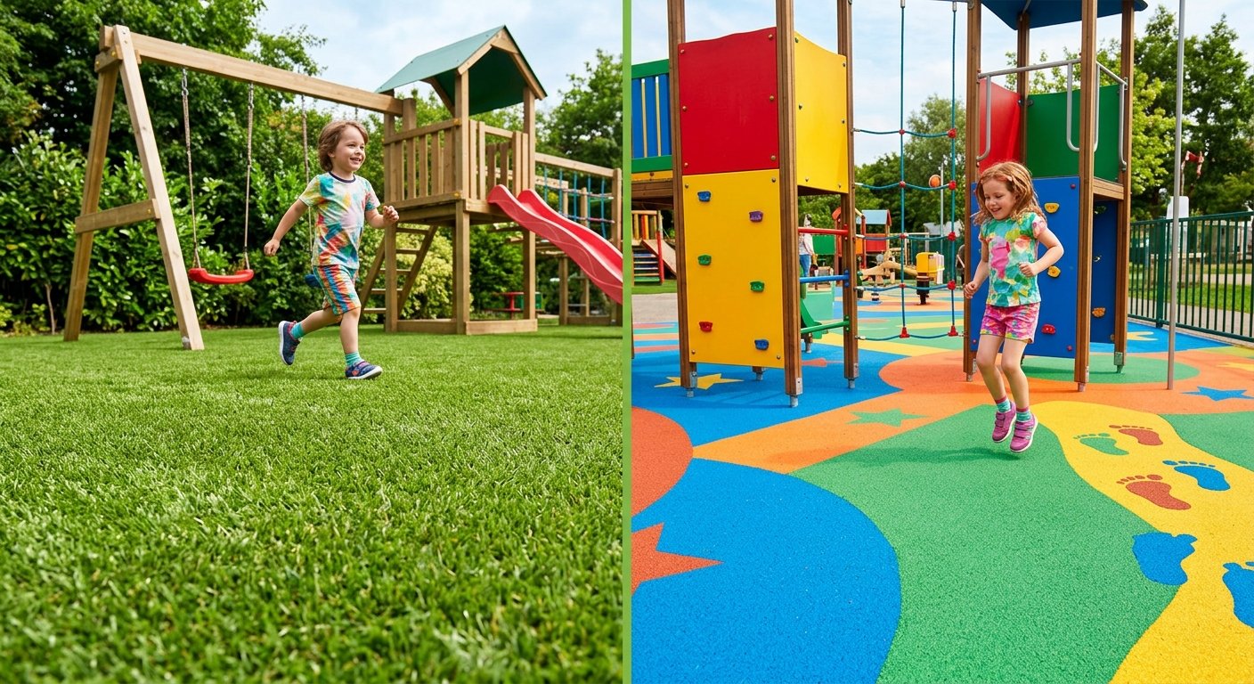 Juegos infantiles y equipamiento para pasto sintetico vs piso de caucho fabricados bajo norma EN 1176 en México - Playout Kids