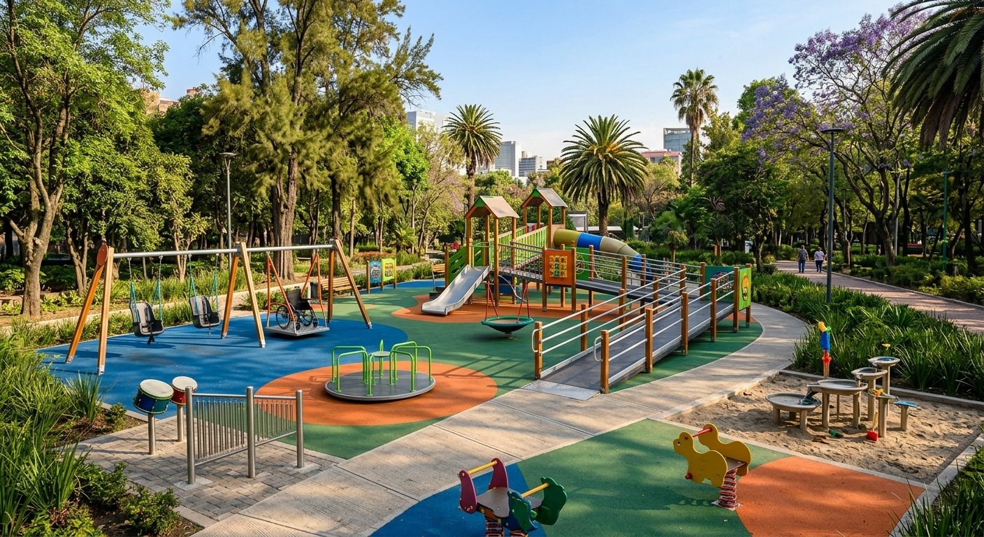 Juegos infantiles y equipamiento para qu juegos debe tener un parque inclusivo fabricados bajo norma EN 1176 en México - Playout Kids